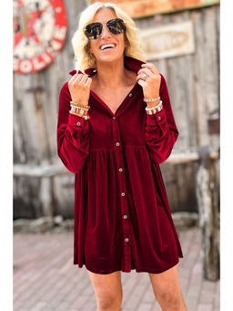 PARTIQ - Red Long Sleeve Ruffle Velvet Button Up Dress