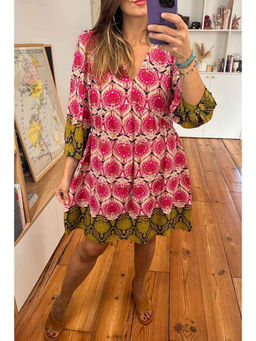 PARTIQ - Pink Printed V Neck Mini Dress