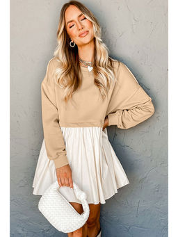 PARTIQ - White & Khaki Sweatshirt Poplin Mini Dress