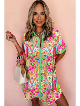 PARTIQ - Multi-Color Print Contrast Short Sleeve Shirt Dress
