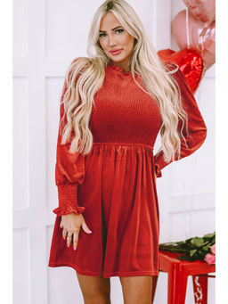 PARTIQ - Red Clay Frilled Neck Smocked Bodice Velvet Dress