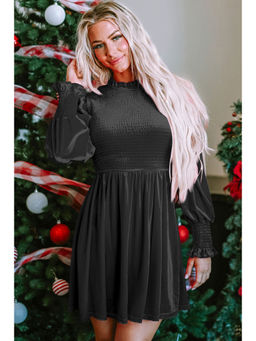 PARTIQ - Black Clay Frilled Neck Smocked Bodice Velvet Dress