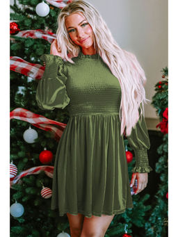 PARTIQ - Green Clay Frilled Neck Smocked Bodice Velvet Dress