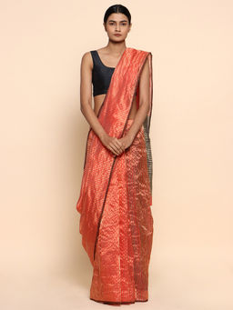 CHOWDHRAIN - Red Stripes Pure Silk Chanderi Saree with Unstitched Blouse Piece