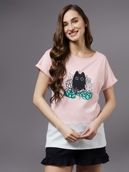 Miss Chase - Womens Light Pink Cotton Round Neck Short Sleeves Loungewear T Shirt