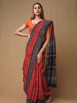 Unnati Silks - Red Pure Ajrakh Printed Soft Silk Saree with Unstitched Blouse