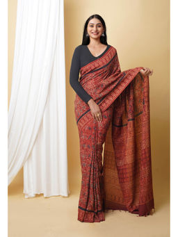 Unnati Silks - Dark Brown Pure Ajrakh Printed Soft Silk Saree with Unstitched Blouse