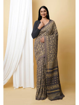 Unnati Silks - Dark Grey Pure Ajrakh Printed Soft Silk Saree with Unstitched Blouse