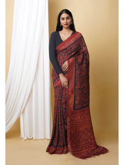 Unnati Silks - Dark Brown Pure Ajrakh Printed Soft Silk Saree with Unstitched Blouse