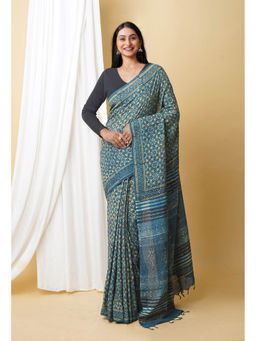 Unnati Silks - Blue Pure Ajrakh Printed Soft Silk Saree with Unstitched Blouse