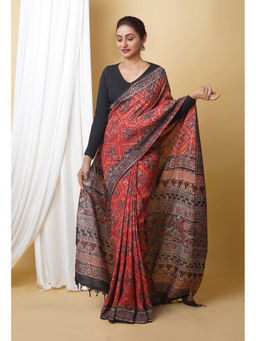 Unnati Silks - Red Pure Ajrakh Printed Soft Silk Saree with Unstitched Blouse