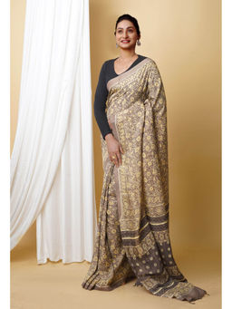 Unnati Silks - Grey Pure Ajrakh Printed Soft Silk Saree with Unstitched Blouse