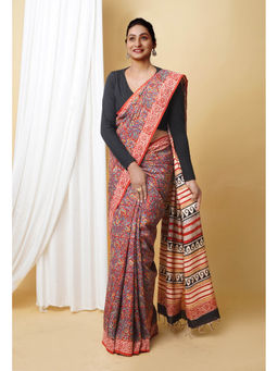 Unnati Silks - Red Pure Ajrakh Printed Soft Silk Saree with Unstitched Blouse