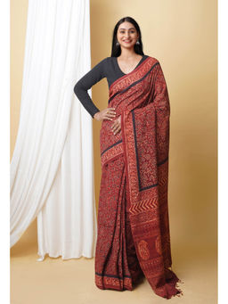 Unnati Silks - Dark Brown Pure Ajrakh Printed Soft Silk Saree with Unstitched Blouse