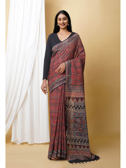 Unnati Silks - Red Pure Ajrakh Printed Soft Silk Saree with Unstitched Blouse