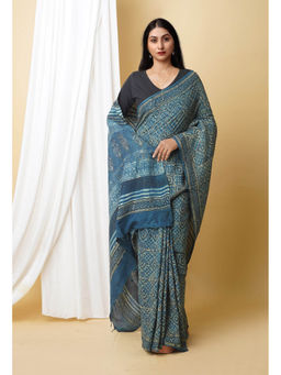 Unnati Silks - Blue Pure Ajrakh Printed Soft Silk Saree with Unstitched Blouse