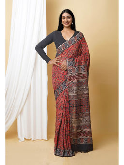 Unnati Silks - Red Pure Ajrakh Printed Soft Silk Saree with Unstitched Blouse