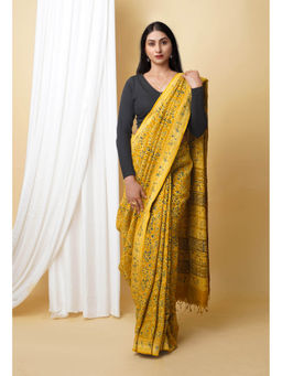 Unnati Silks - Mustard Pure Ajrakh Printed Soft Silk Saree with Unstitched Blouse
