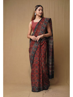 Unnati Silks - Maroon Pure Ajrakh Printed Soft Silk Saree with Unstitched Blouse