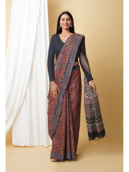 Unnati Silks - Dark Brown Pure Ajrakh Printed Soft Silk Saree with Unstitched Blouse