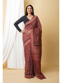 Unnati Silks - Dark Brown Pure Ajrakh Printed Soft Silk Saree with Unstitched Blouse