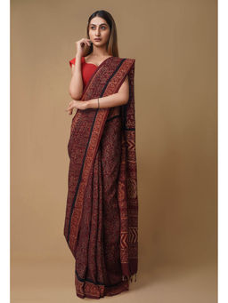 Unnati Silks - Dark Brown Pure Ajrakh Printed Soft Silk Saree with Unstitched Blouse