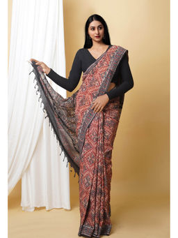 Unnati Silks - Dark Brown Pure Ajrakh Printed Soft Silk Saree with Unstitched Blouse
