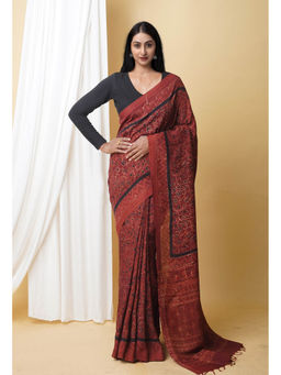 Unnati Silks - Dark Brown Pure Ajrakh Printed Soft Silk Saree with Unstitched Blouse