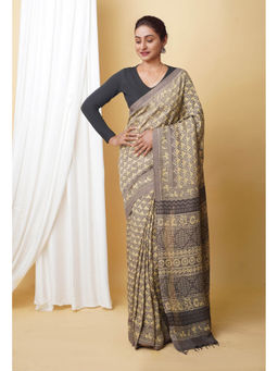 Unnati Silks - Grey Pure Ajrakh Printed Soft Silk Saree with Unstitched Blouse