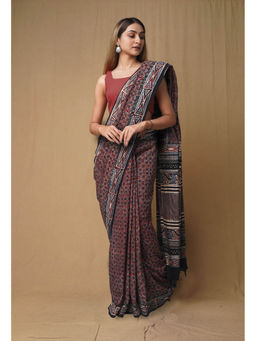 Unnati Silks - Dark Brown Pure Ajrakh Printed Soft Silk Saree with Unstitched Blouse