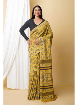 Unnati Silks - Yellow Pure Ajrakh Printed Soft Silk Saree with Unstitched Blouse