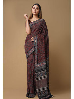 Unnati Silks - Dark Brown Pure Ajrakh Printed Soft Silk Saree with Unstitched Blouse