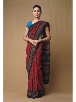 Unnati Silks - Red Pure Ajrakh Printed Soft Silk Saree with Unstitched Blouse