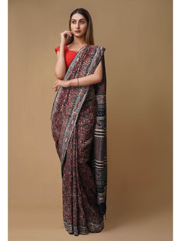 Unnati Silks - Dark Brown Pure Ajrakh Printed Soft Silk Saree with Unstitched Blouse