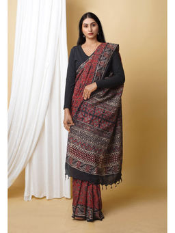 Unnati Silks - Maroon Pure Ajrakh Printed Soft Silk Saree with Unstitched Blouse