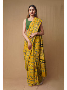 Unnati Silks - Yellow Pure Ajrakh Printed Soft Silk Saree with Unstitched Blouse
