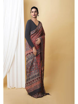 Unnati Silks - Red Pure Ajrakh Printed Soft Silk Saree with Unstitched Blouse