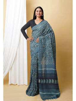 Unnati Silks - Blue Pure Ajrakh Printed Soft Silk Saree with Unstitched Blouse