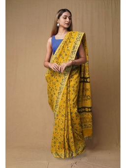 Unnati Silks - Yellow Pure Ajrakh Printed Soft Silk Saree with Unstitched Blouse