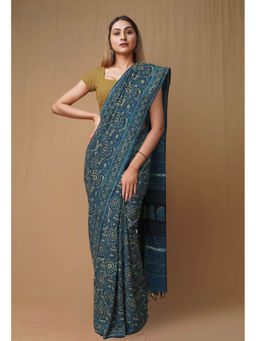 Unnati Silks - Blue Pure Ajrakh Printed Soft Silk Saree with Unstitched Blouse
