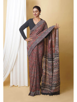 Unnati Silks - Red Pure Ajrakh Printed Soft Silk Saree with Unstitched Blouse