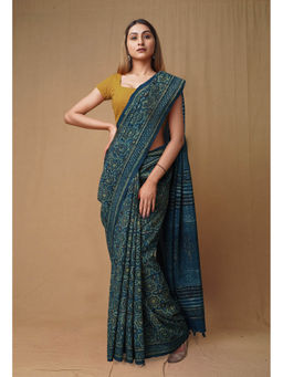 Unnati Silks - Blue Pure Ajrakh Printed Soft Silk Saree with Unstitched Blouse
