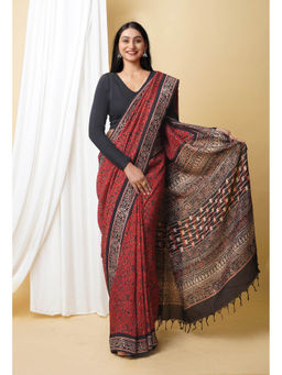 Unnati Silks - Red Pure Ajrakh Printed Soft Silk Saree with Unstitched Blouse