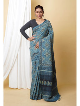 Unnati Silks - Blue Pure Ajrakh Printed Soft Silk Saree with Unstitched Blouse