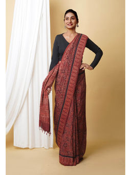 Unnati Silks - Dark Brown Pure Ajrakh Printed Soft Silk Saree with Unstitched Blouse