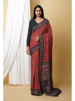 Unnati Silks - Blue Pure Ajrakh Printed Soft Silk Saree with Unstitched Blouse
