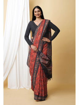 Unnati Silks - Dark Brown Pure Ajrakh Printed Soft Silk Saree with Unstitched Blouse