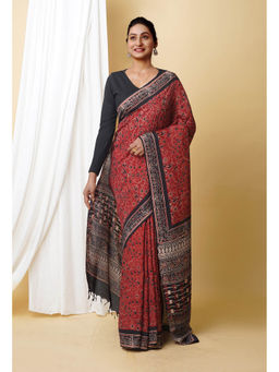 Unnati Silks - Red Pure Ajrakh Printed Soft Silk Saree with Unstitched Blouse