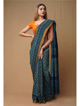Unnati Silks - Blue Pure Ajrakh Printed Soft Silk Saree with Unstitched Blouse