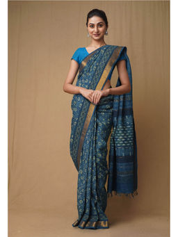 Unnati Silks - Blue Pure Ajrakh Printed Soft Silk Saree with Unstitched Blouse